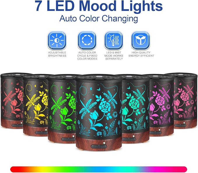 Essential Oil Diffuser- Aromatherapy Diffuser with7 Colors Light and Auto-Off for Women Metal Cool Mist Humidifier for Home and Office for Mom Women(Roses + Dragonflies)