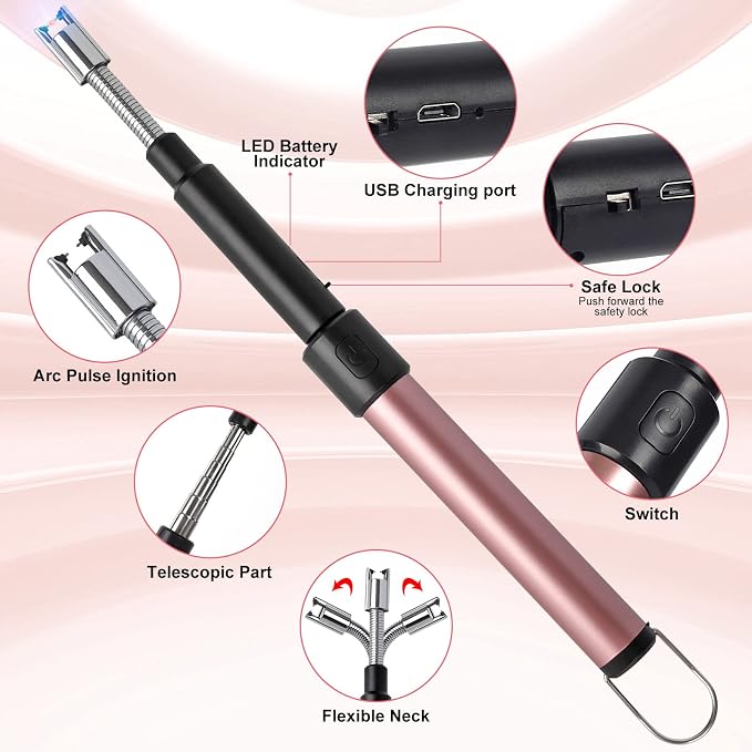 Candle Arc Lighters Long Flexible Neck 70cm Telescopic Rechargeable Electric Flameless Lighter for Kitchen Fireplace Pilot Light BBQ Stove (Pink)