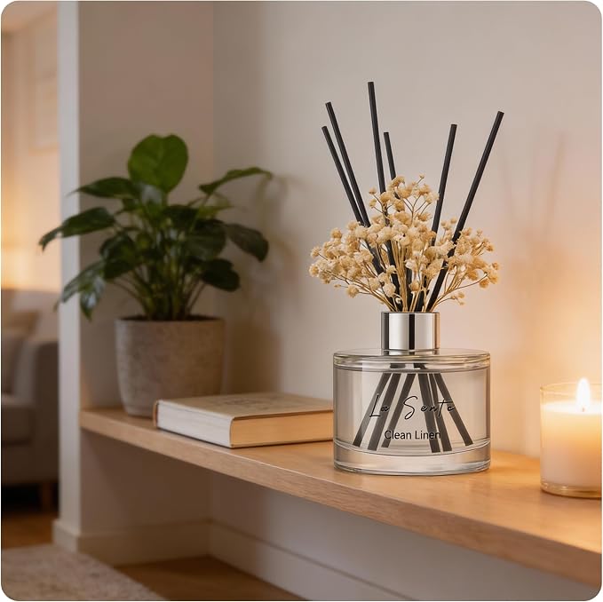 Reed Diffuser Set (6.7fl oz), Natural Clean Linen Essential Oil Fragrance with Glass Bottle, Black Rattan Sticks & Preserved Flowers, Up to 120 Days Lasting Fragrance for Home & Office