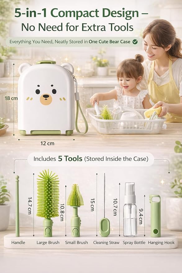 Travel Bottle Cleaner kit, 7in1 Baby Toddler Travel Essential Silicone Bottle Brush Set, Nipple, Drying Rack, Straw, & Breast Pump Cleaning, Soap Dispenser & Organizer Case, Gift Mom