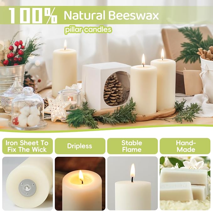 4 Pack Beeswax Pillar Candles,172 Hours Long Burning,Ivory White Beeswax Candles,Unscented Pure Bees Wax Candle for Home,Prayer,Dripless Smokeless Organic 100% Bees Wax Candle Bulk 2x4in