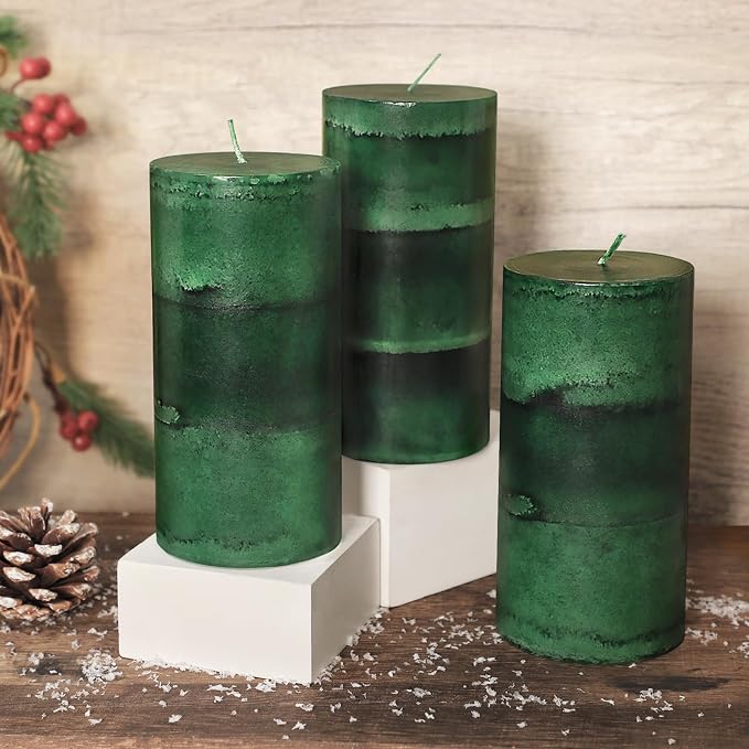 Dark Green Pillar Candles 3x6 Inch Fir Scented Candles Hand-Poured Long Lasting Burning Large Candle Holiday Forest Christmas Decoration Candle for Home Fragrance Gift Table Wedding 3 Pack