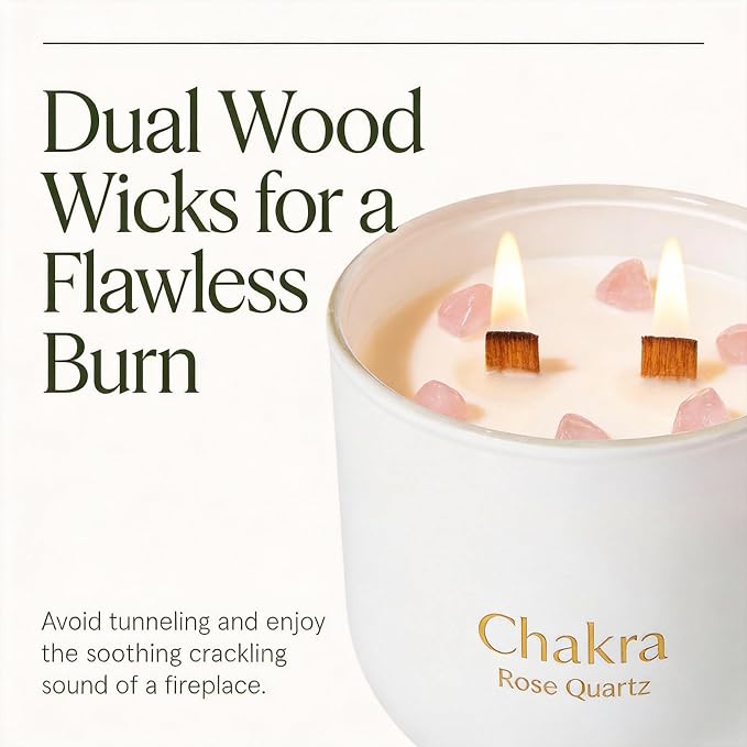 Rose Quartz Crystal Candle, 12oz Soy Wax Aromatherapy for Meditation & Stress Relief, Dual Crackling Wood Wicks, 6 Authentic Crystals Inside, Spiritual Healing Gift for Women, Chakra Balancing