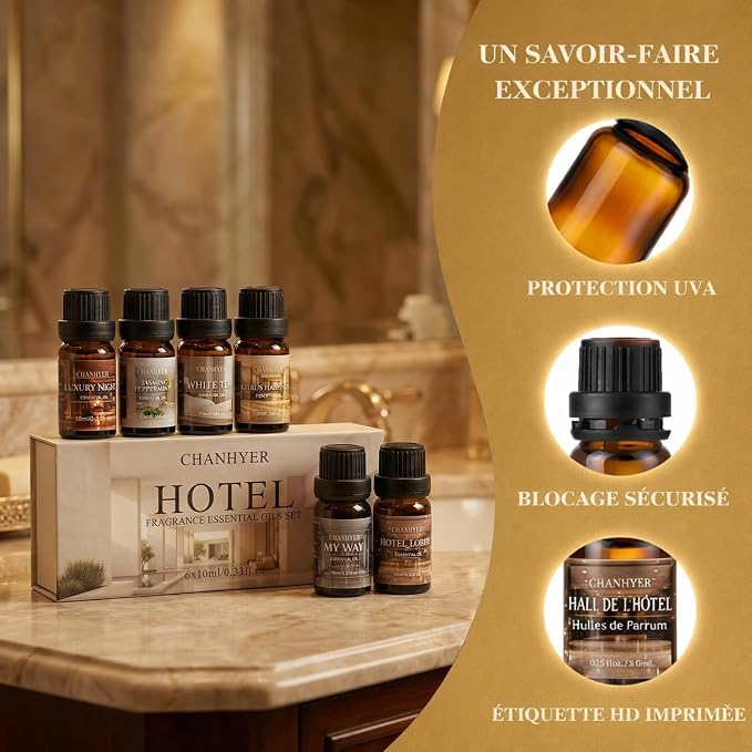 Hotel Collection Essential Oils for Diffusers for Home-6x10ml Luxury Scented Oil Set with Luxury Night,Jasmine Peppermint,White Tea,Citrus Happiness,My Way,Hotel Lobby,Gift for Women and Men