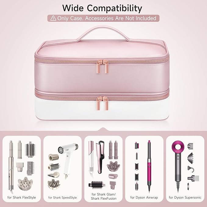 Travel Hair Dryer Case for Shark Glam, Portable Hair Tools Bag for Shark FlexFusion, Double-Layer Storage Carrying Case for FlexStyle Blow Dryer, Silki Straightener & Glossi Attachments Holder (Pink)