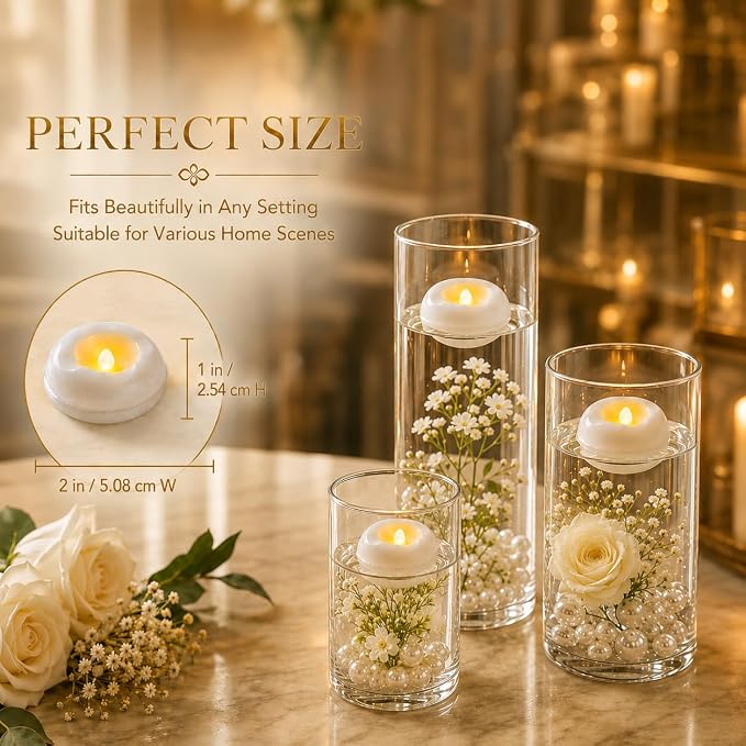 12 Pack 2.3” Flameless LED Floating Candles, Water-Activated Battery Operated Floating Candle with180+ Hours Runtime for Cylindrical Vase, Pool, Fountain - Ideal for Wedding, Party Decoration