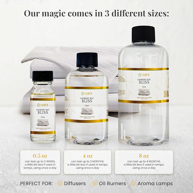 YANCY Laundry Day Bliss Home Collection Fragrance Oil (1/2 oz), Fresh Laundry-Inspired Scent, Clean Aroma for Diffusers, Oil Burners & Aroma Lamps, Crisp Scent for Daily Freshness