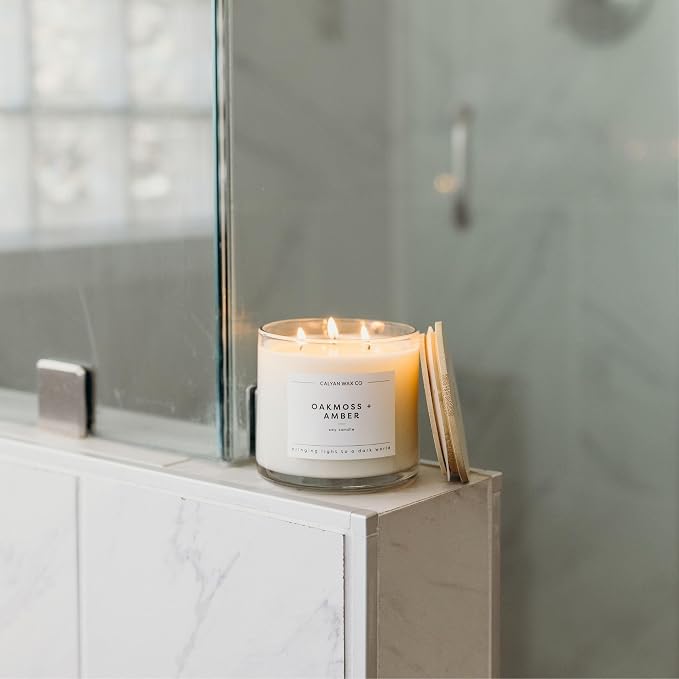 Calyan Wax Co. Oakmoss & Amber 3 Wick Scented Candle - 43 Hour Burn - Luxury 3 Wick Soy Candles - Clean Soy Wax Candles - Long Lasting Large Glass Jar Candle for Home - 14.9oz