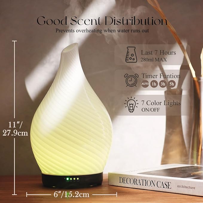 Porseme 280ml Essential Oil Diffuser Glass Color Changing Aroma Air Diffusers Aromatherapy Ultrasonic Cool Mist Humidifier 7 Running Hours Waterless Auto-Off for Sleeping Yoga Office Spa(Pure White)