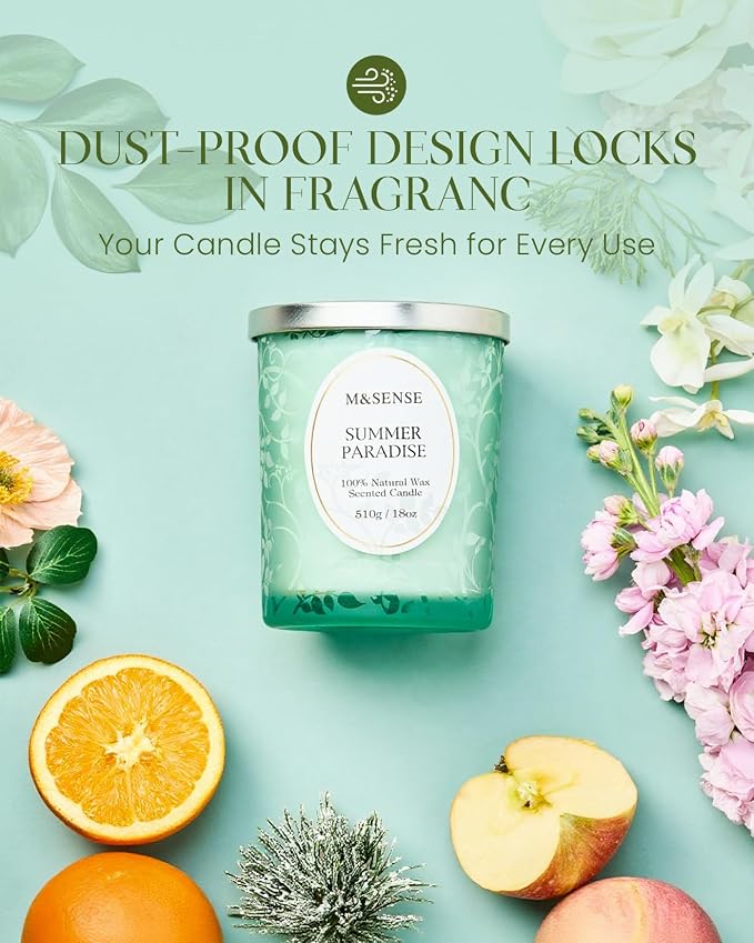 M&SENSE Summer Paradise Scented Candle | Cracking Wooden Wick, Soy Wax, 18oz, 100 Hours Long Lasting, Non-Toxic Aromatherapy