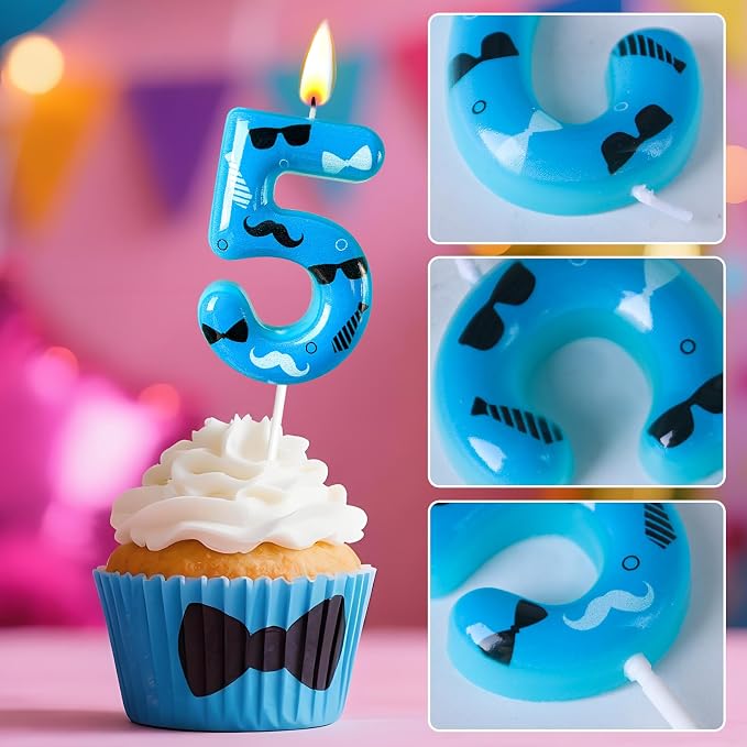 Number 5 Birthday Candle for Cake – Blue Gentleman Style with Sunglasses, Bow Tie & Mustache Design – Cool Cake Topper for Birthday Party Decoration