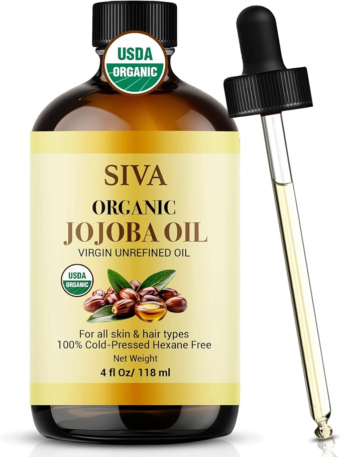 Siva Jojoba Organic Oil 4oz (118ml) Premium Cold-Pressed 100% Natural Organic Carrier Oil with Dropper for Face, Skin Care, Body Massage, Hair Care, Hair Oiling & Scalp Massage