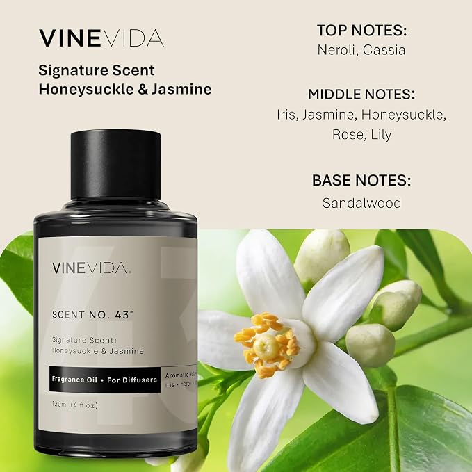 VINEVIDA [4 Fl Oz] Honeysuckle & Jasmine Fragrance Oil for Cold Air Diffusers, Essential Oils for Diffuser Oil Refill & Air Freshener Room Spray