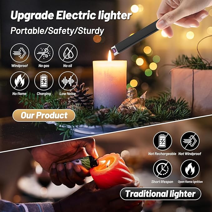 VEHHE Candle Lighter, Windproof Pulse Electric Lighter with Anti-False-Touch Lock and Led Display, Lighters for Candle BBQ Camping Festivals-Black