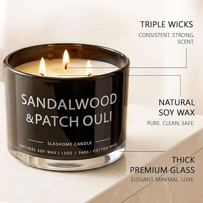 Sandalwood & Patchouli Scented Candle, Luxury Large 3 Wick Soy Candle 12 Oz, 60+ Hour Long Lasting Clean Burn, Elegant Aromatherapy Home Decor, Housewarming & Birthday Gift for Men & Women