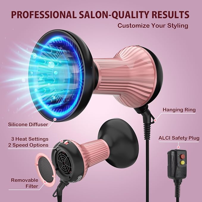 WUFAYHD Diffuser Hair Dryer for Curly Hair: Professional 2 in 1 Diffuser & Hair Dryers with Ionic & Ceramic Technology for Wavy Hair Enhances Curls and Waves While Reducing Frizz, Gifts for Women