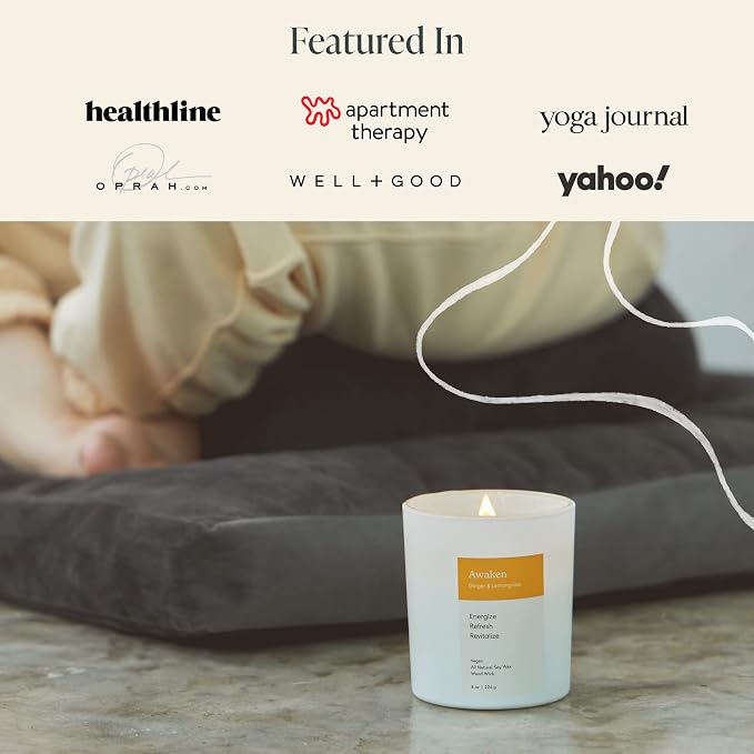 Mindful Modern Natural Awaken Candle | Ginger & Lemongrass Scented | Aromatherapy for Stress Relief, Meditation, Yoga, Chakra Healing, & Prayer | Elegant Home Fragrance | Soy Wax | 8oz Glass Jar