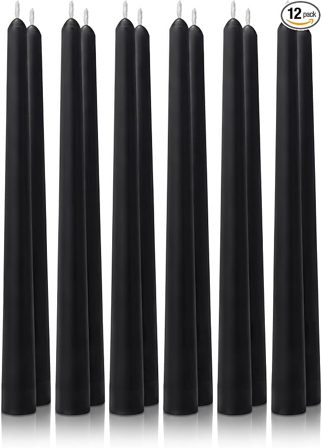 12PK 10" Classic Taper Candles, Black, 7-8 Hours Long Burning, Unscented Tall Candlesticks