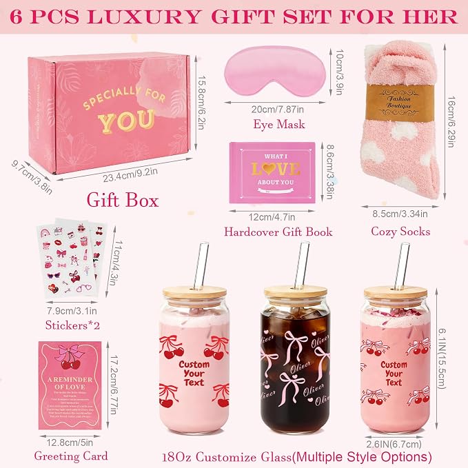 Personalized Valentines Day Gifts Her - Personalized Glass Cup, Satin Eye Mask, Fuzzy Socks & Love Card | Romantic Gift for Girlfriend/Wife (Valentines-DIY)