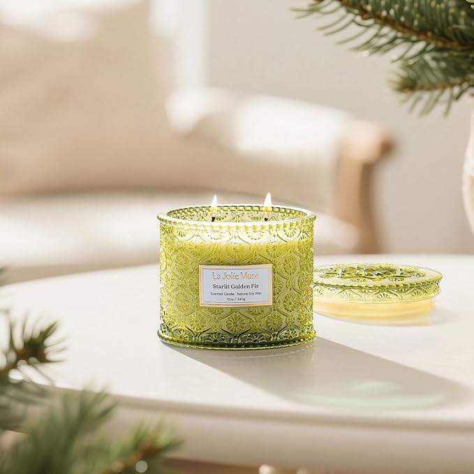 LA JOLIE MUSE Starlit Fir Pine Scented Candle for Home | Balsam & Cedarwood | Christmas Winter Holiday | 2-Wick Non Toxic Natural Soy | Large Green Jar Candle | Luxury Gifts for Women & Men | 12 oz