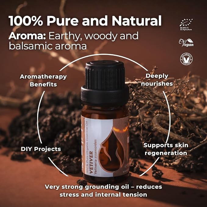 Essences Bulgaria Organic Vetiver Essential Oil 0.34 Fl Oz | 10ml | Vetiveria zizanioides | 100% Pure and Natural | Undiluted | Therapeutic Grade | Aromatherapy | Cosmetics | Cruelty Free | Non-GMO