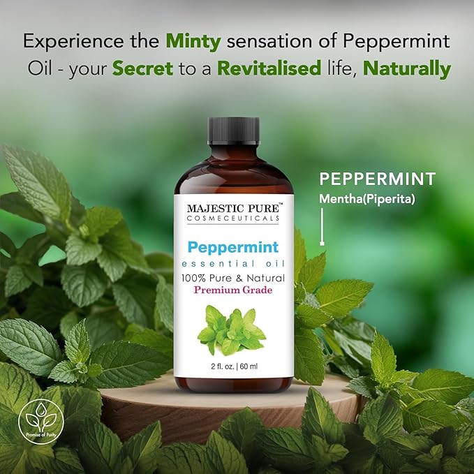 Majestic Pure Essential Oil with Glass Dropper - 100% Pure and Natural - Essential Oils for Diffuser, Aromatherapy, Soap and Candle Making, Peppermint Essential Oil, Peppermint Oil, 2 Fl Oz