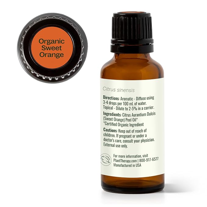 Plant Therapy Organic Sweet Orange Essential Oil, 30 mL (1 oz), 100% Pure Essential Oil, USDA Certified Organic, Great Fresh Citrus Aroma