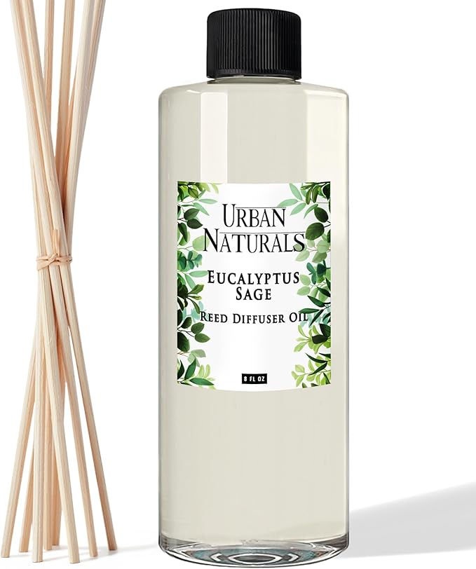 Urban Naturals Reed Diffuser Oil Refill Eucalyptus Sage with Mint, Lime, Cedarwood 8 oz + Free Reed Sticks, Made in the USA