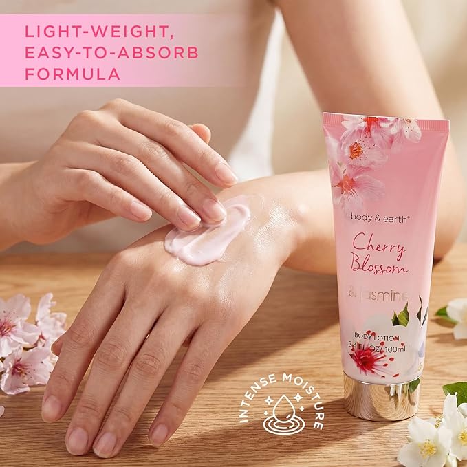 Body & Earth Spa Gifts for Women Self Care Kit - 8pcs Cherry Blossom & Jasmine Bath Sets for Women, Birthday, Mother's Day Gift Baskets for Mother, Wife, Girlfriends