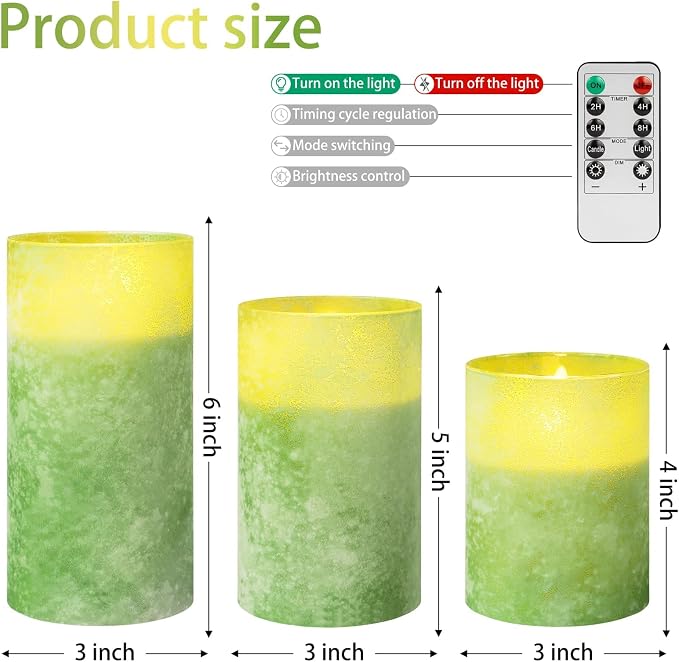ANGELLOONG Green Flameless Candles with Remote, Glass Battery Operated LED Pillar Candles Flickering for St. Patrick's Day Christmas Home Decor, Set of 3
