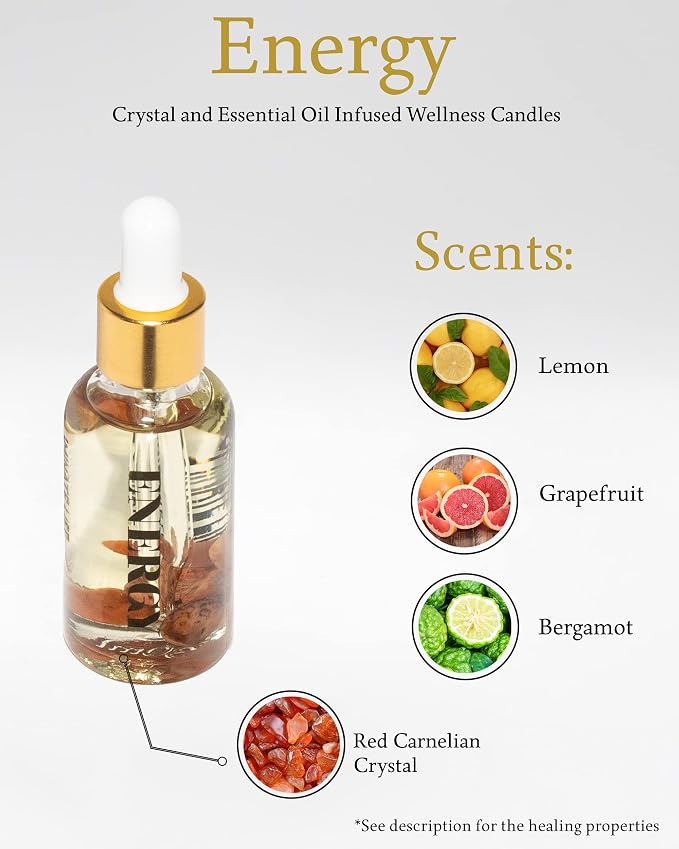 Crystal Infused Essential Oil Vial, 1 Oz, Energy - Red Carnelian Crystal Infused - Scents of Lemon, Grapefruit, & Bergamot - Aromatherapy Oils, Massage, Stress Relief