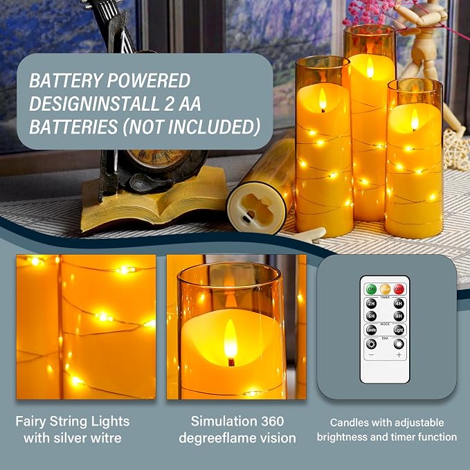 Eebuss Flameless Candles with Embedded Star String, Battery Operated LED Pillar Candles with Timer and Remote Control,Home Decorating for Ambiance， Set of 9 (Gold)