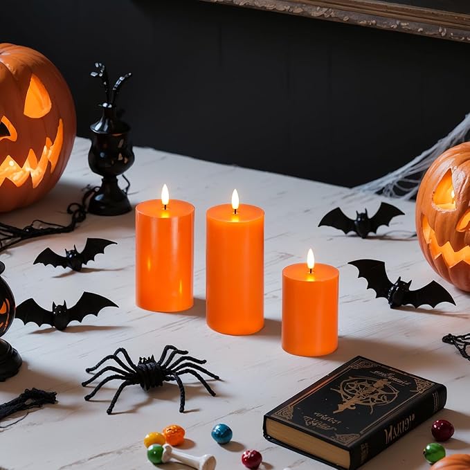 Homemory Halloween Orange Flameless Candles Battery Operated with Remote Timer, Real Wax LED Pillar Candle for Halloween Decoration, Fall Decor, Harvest Festival Gifts, H456, Set of 3