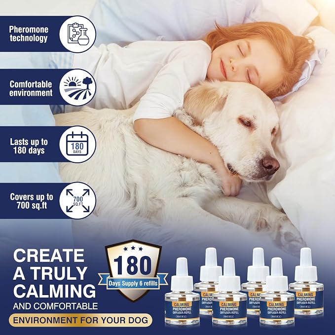 Dog Calming Diffuser Refills 6 Pack Pheromone Appeasing Pet Pheromones Refill 48ml to Calm for Anxiety Relief Reduce Aggression Stress Fighting Barking Fit Common Diffusers Plug in 180 Day(Tasteless)