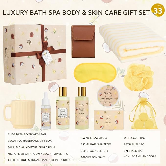 33Pcs Coconut Vanilla Spa Bath Gift Basket for Women & Men, Skin Care Set | Large Bath & Body Set, Self Care Pamper Kit, BODY WASH GIFT, Birthday, Christmas, Valentines, Mother Day, Anniversary