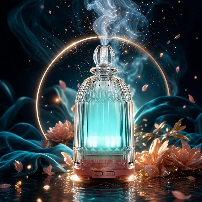 Glass Essential Oil Diffuser, Small Cool Mist Humidifier Glass Cover & Plastic Reservoir with 7 Color LED Lights, Auto Shut-Off for Home, Office, Spa 120ml(Copper Bottom)