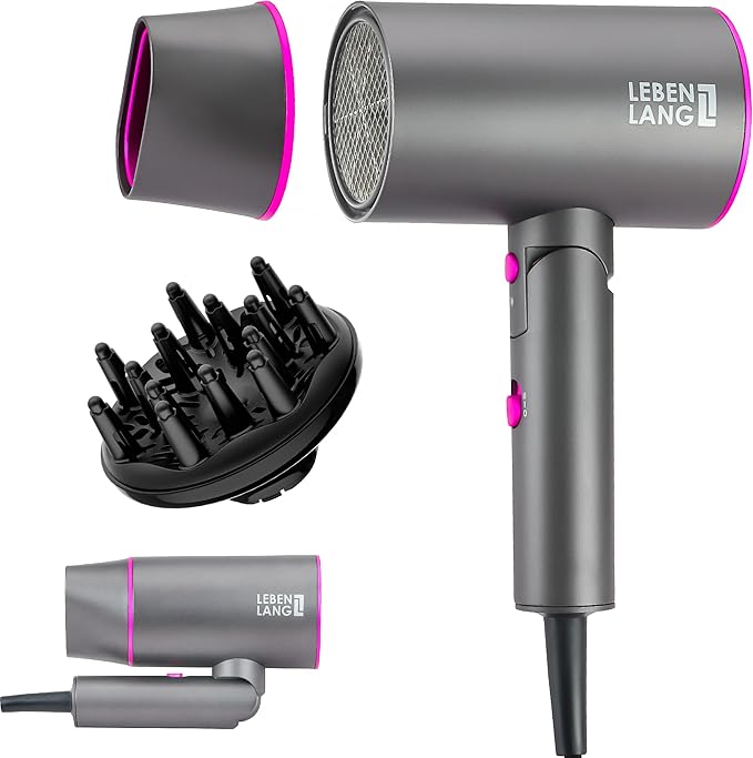 LEBENLANG Ionic Hair Dryer, 1875W - Foldable, Portable, Compact, Mini, Travel, Diffuser, Curly Hair