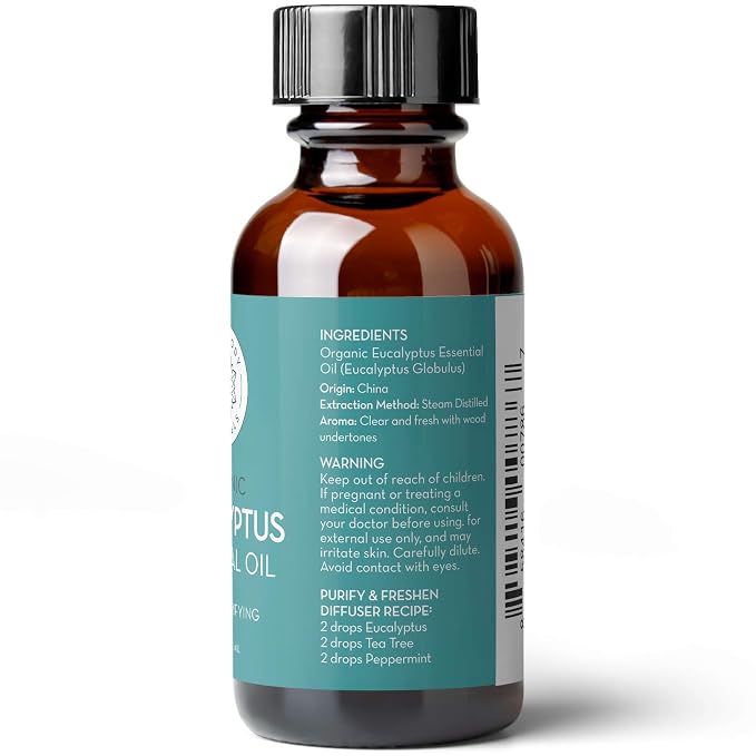 Pure Body Naturals Organic Eucalyptus Essential Oil, 1 fl oz - Pure and Undiluted Therapeutic Grade for Aromatherapy Diffuser, Skin, Hair