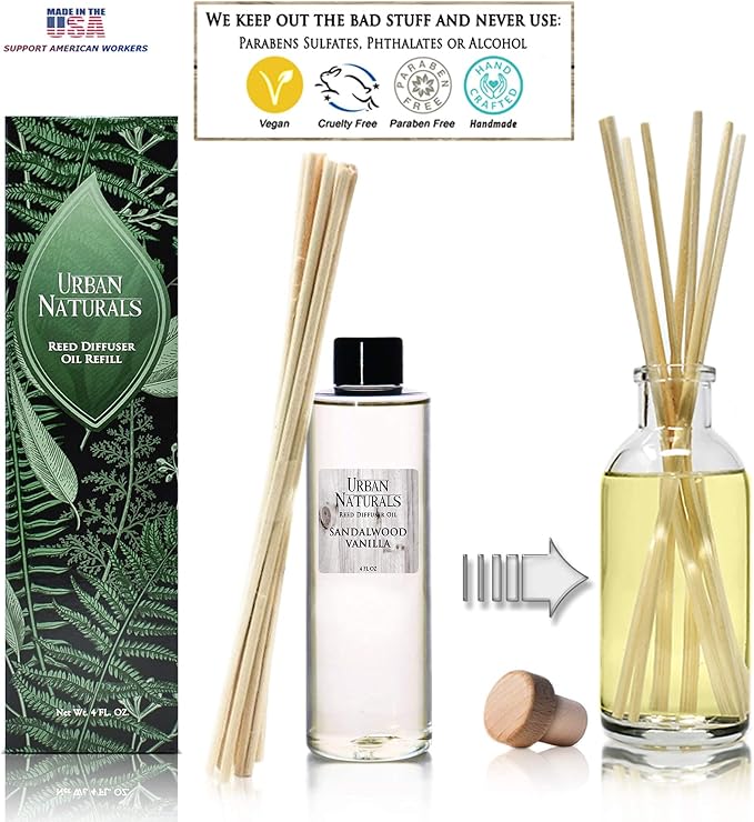 Urban Naturals Sandalwood & Vanilla Reed Diffuser Refill Set | Includes a Free Set of Reed Sticks! 4 oz | Great Gift Idea Home Fragrance Lovers!