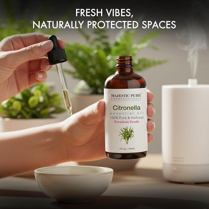 Majestic Pure Essential Oil with Glass Dropper - 100% Pure and Natural - Essential Oils for Diffuser, Aromatherapy, Soap and Candle Making, Citronella Essential Oil, Citronella Oil, 4 Fl Oz