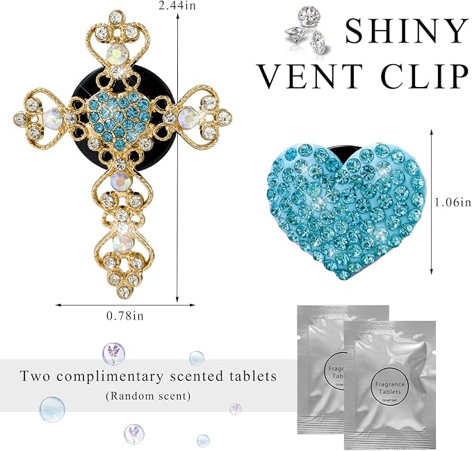 2 PCS Bling Car Vent Clip, Crystal Rhinestone Cross and Heart Car Air Fresheners Vent Clips, Diamond Car Air Conditioner Outlet Decoration Charm for Women, Car Accessories (Blue)
