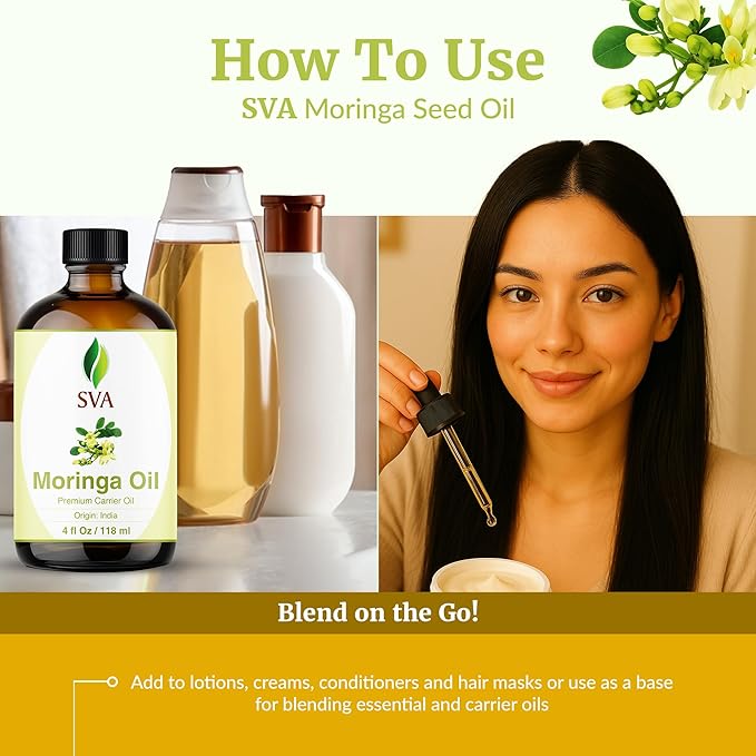 SVA Moringa Seed Oil 4 Fl Oz - for Face, Skin Care, Hair Care, Scalp Massage & Body Massage – Carrier Oil with Dropper