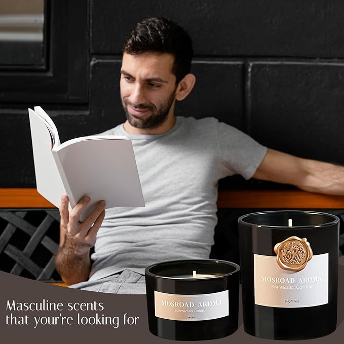 2-Pack Jasmine, Oud & Sandalwood Scented Candles Set for Men, Luxury Aromatherapy Jar Candle for Home Scented, Natural Soy Fragrance Black Jar Candles, Gift for Men, Father, Husband