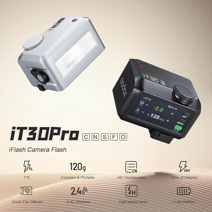 Godox iT30 Pro F TTL Mini Flash for Fuji with Diffuser—HSS 1/8000s, 2.8" Full-Color Touchscreen, 2.4G Wireless X System, Magnetic Mount, Tilt/Swivel Camera Speedlight (Silver)