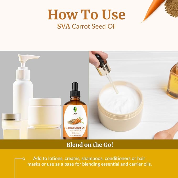 SVA Carrot Seed Oil - 4 Fl Oz - for Face, Skin Care, Hair Care, Scalp Massage & Body Massage – Carrier Oil with Dropper