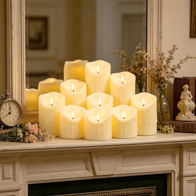 Nimiko Flameless Candles with Remote, Battery Operated Flickering Flameless Candles, LED Candles with Timer 2/4/6/8H, Realistic Drop Wax flameless Candle Set of 9 (D3 x H 3" 4" 5" 6" 7") (Ivory)