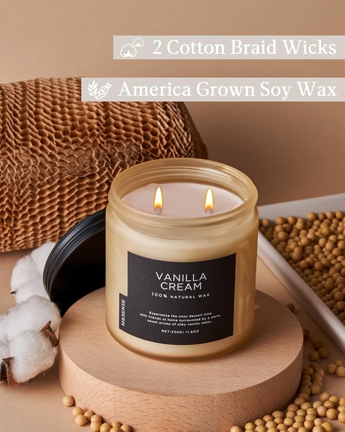 M&SENSE Vanilla Scented Candles for Home, 11.6oz Natural Soy Wax, 70 Hours Long Lasting Clean Burn, Non Toxic Organic Candles, Aromatherapy Smelling for Spa Meditation Relaxation & Family