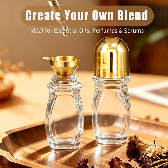 Green Aventurine Clear Roller Waisted Bottles for Essential Oils,50ml Refillable Clear Glass Roll On Bottles with Natural Crystal Roller Balls, Leak-Proof Travel Perfume Bottle with Gold Caps