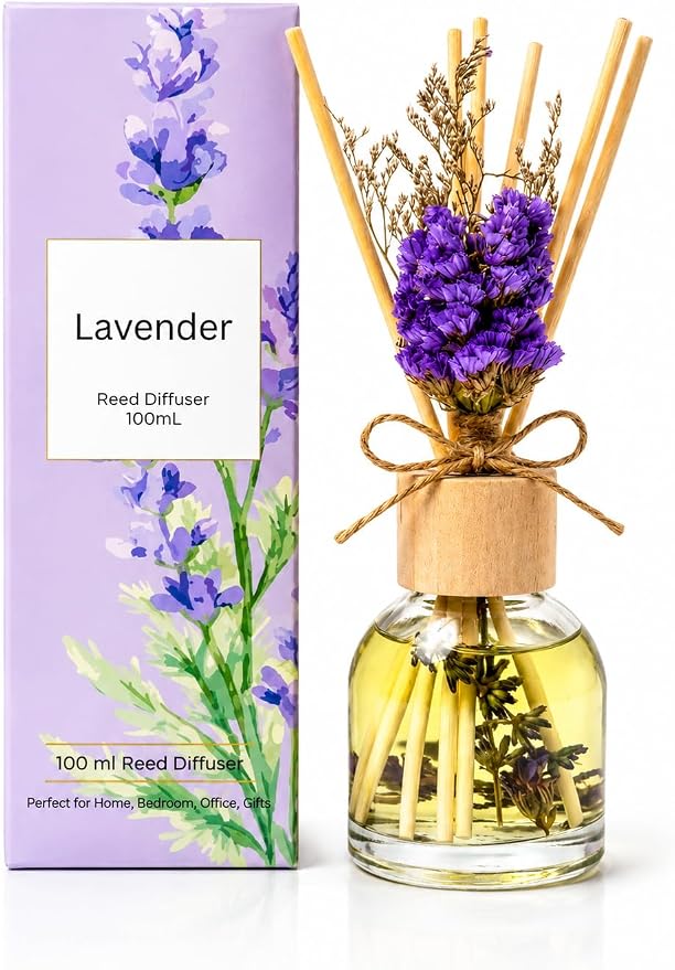 Lavender Reed Diffuser with Real Dried Flowers - 100ml (3.4oz) Home Fragrance Room Freshener - 6 Natural Sticks for Adjustable Scent - Long Lasting Aroma - Minimalist Decor Gift for Home & Office