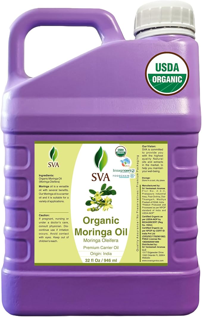 SVA Moringa Seed Oil Organic - 32 Fl Oz – 100% Natural Cold Pressed Moringa Oil - for Face, Skin Care, Hair Care, Scalp Massage & Body Massage – Carrier Oil with Dropper